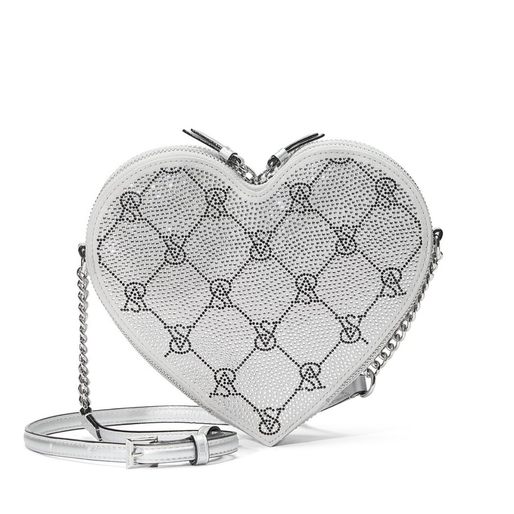 NWT Victoria’s Secret Heart-Shaped Silver Crossbody Bag.  Rhinestones add bling.